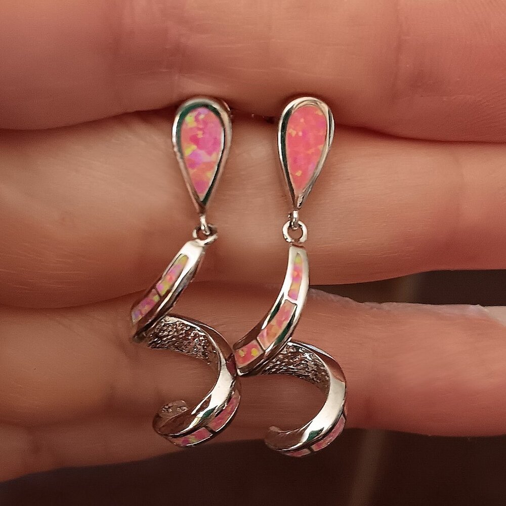 New - Spiral Pink Fire Opal Silver Earrings